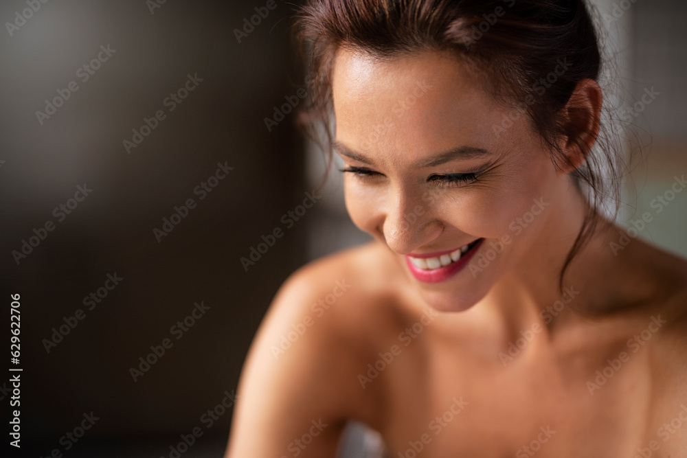 Headshot of a brunette haired woman cheerful smiling inside Headshot of a brunette haired woman cheerful smiling inside