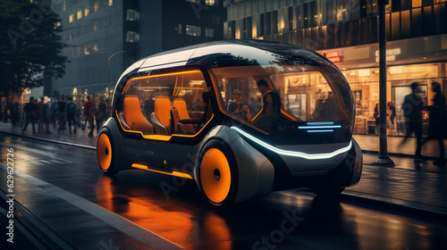 Futuristic electric car very fast driving on highway. Futuristic city concept. 3d rendering. 3D Illustration photo