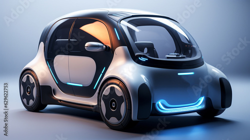 Futuristic electric car very fast driving on highway. Futuristic city concept. 3d rendering. 3D Illustration