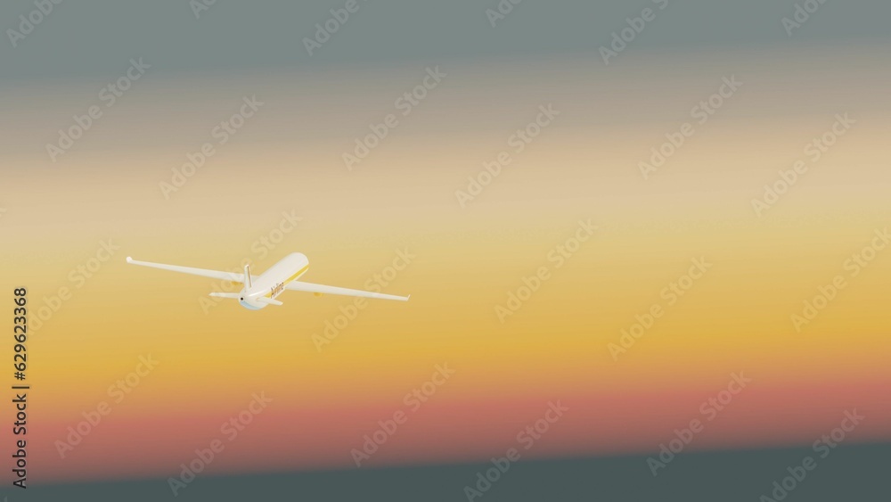 Airplane is taking off from a runway set against a backdrop of a sunset sky