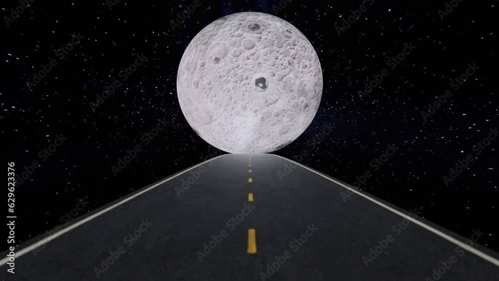3D rendered animation of a road leading to the spinning moon on the starry background