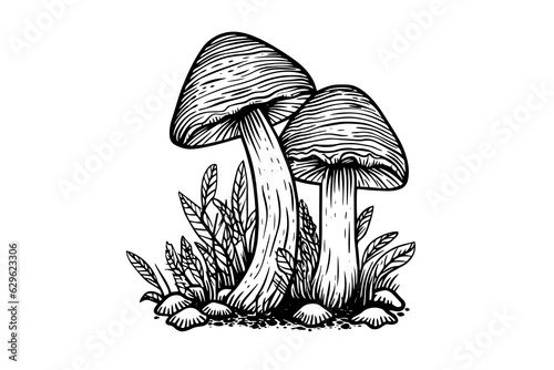 Fly agaric or amanita mushrooms group growing in grass engraving style. Vector illustration.