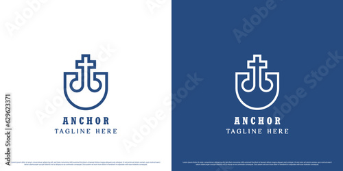 Ship anchor logo design illustration. Simple modern minimalist flat abstract silhouette of a navy marine ship anchor. Ferry sea transportation cross icon symbol.
