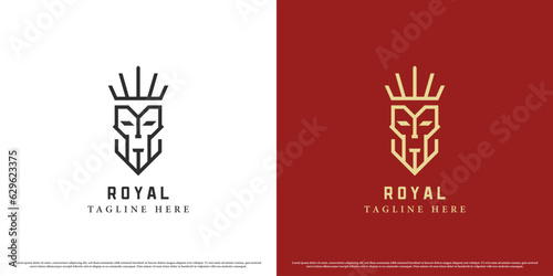King face logo design illustration. Simple flat silhouette abstract mascot character creative minimalist line art face king zeus neptune rome greece royal kingdom spartan gladiator knight warrior.