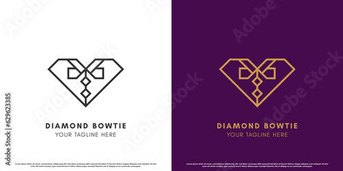 Diamond tie logo design illustration. Modern creative abstract flat line silhouette simple diamond tie minimalist elegant golden luxury. Tuxedo necktie bowtie icon symbol for clothing jewel crystal.