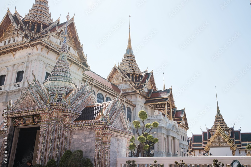 Closeup of The Temple of the Emerald Buddha under the blue sky in Bangkok
