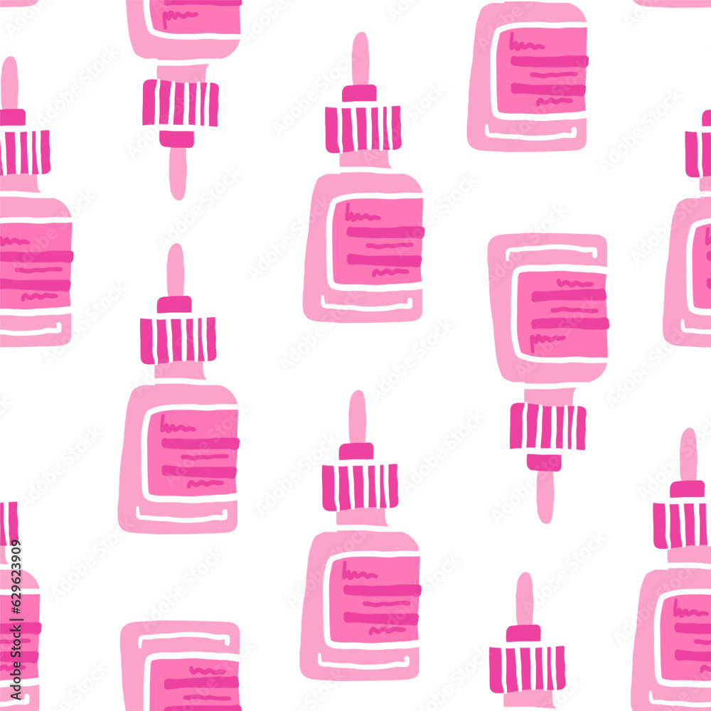 Vector seamless pattern of hand drawn doodle sketch oil essence pink bottle isolated on white background. Vector illustration Vector seamless pattern of hand drawn doodle sketch oil essence pink bottle isolated on white background. Vector illustration