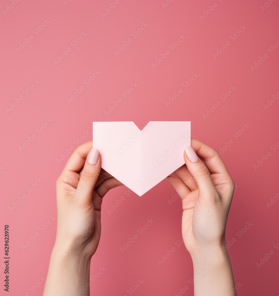 Woman holding pink heart card Woman holding pink heart card