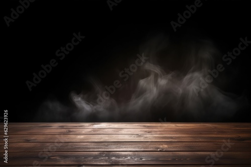 empty wooden table with smoke on dark background, mock up for display your products