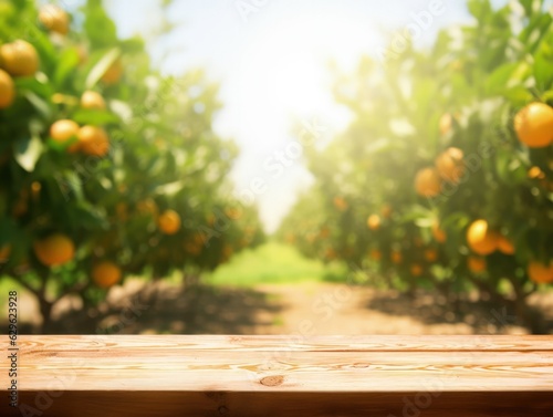 empty wood table with blurred orange field on background, mock up for montage and products display