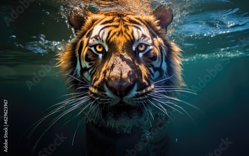 under water nature photography of a exotic tiger swimming underwater