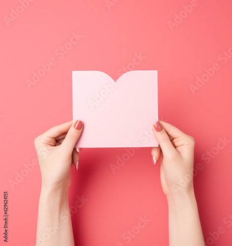 Woman holding pink heart card
