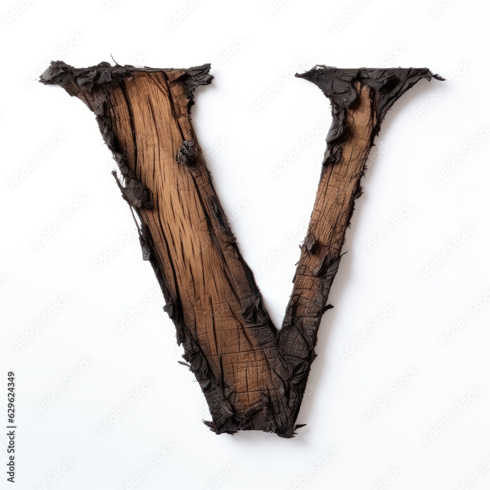letter V made of old oak, burnt oak, many cracks, white background
