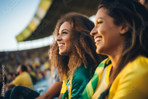 Fãs brasileiras de futebol em um estádio da Copa do Mundo apoiando a seleção nacional
 photo