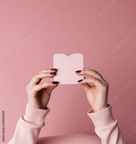 Woman holding pink heart card