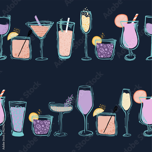 Set of classic, tropical cocktails Mixed alcoholic, non-alcoholic drink. Pattern stickers with the image of cocktails in a nightclub on a dark background
