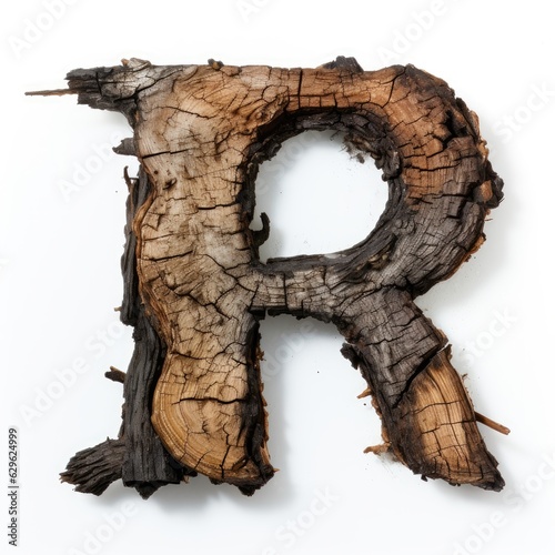 letter R made of old oak, burnt oak, many cracks, white background
