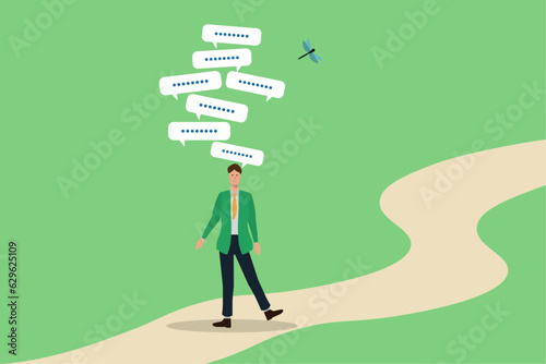 Chat dialogue, talk or discussion, conversation or communication to yourself ,businessman stand in the road & thinking about dialog speech