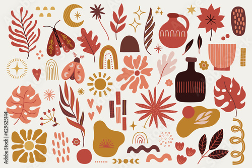 Boho set -  moon, sun, moths, vase, monstera leaf, abstract shape