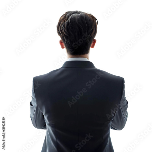A Confident Businessman in a black suit standing with clasped hands and his back to the camera. white transparent background. Generative Ai 