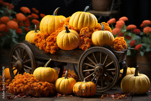 Autumn composition of pumpkins with red and yellow flowers in a garden wheelbarrow. Generative AI