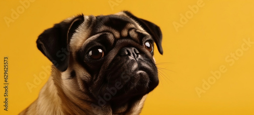 Pug with yellow background. Generative AI. 