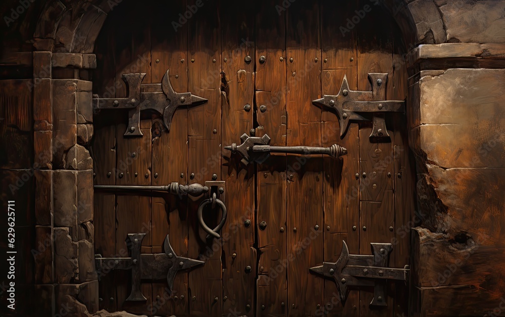 closeup on a wooden door in dungeon wall closeup on a wooden door in dungeon wall
