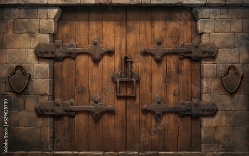 closeup on a wooden door in dungeon wall