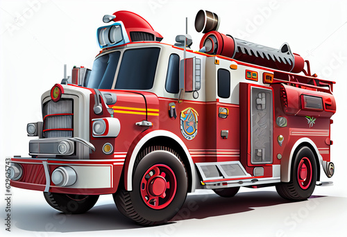Cartoon red toy fire truck, isolated on white background. AI generated.