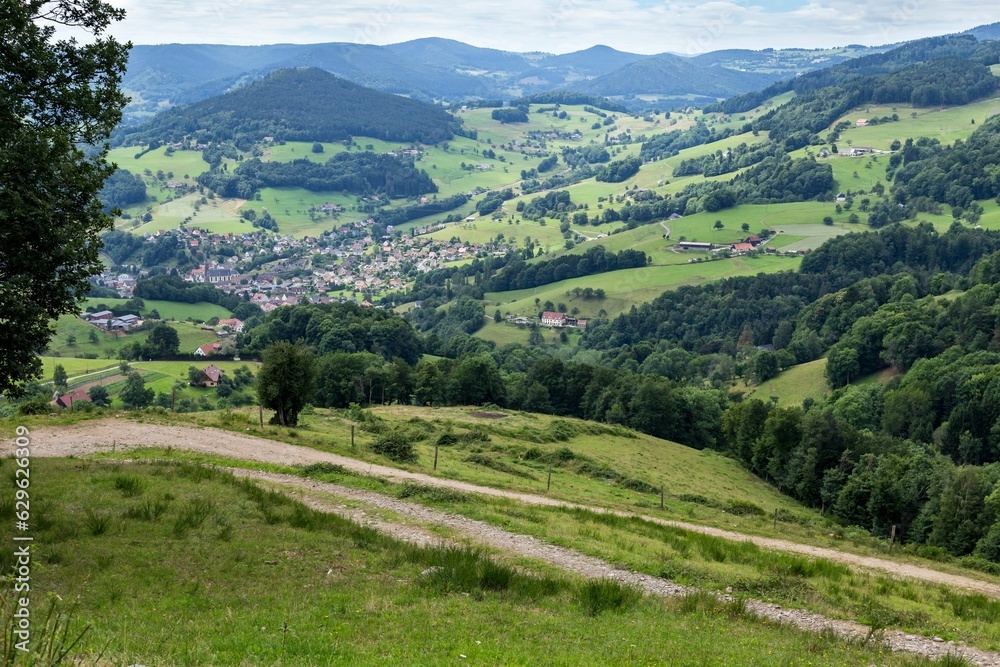Landscape of a town in hills covered in greenery in Freland, Alsace, France