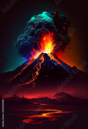 Colorful volcano eruption at night. AI Generated