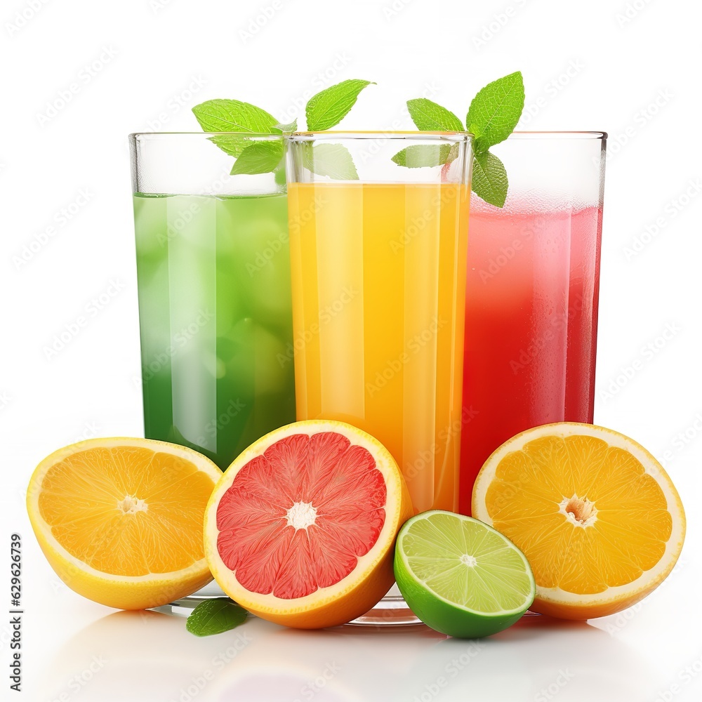 glasses of juice and fruits isolated on white background glasses of juice and fruits isolated on white background