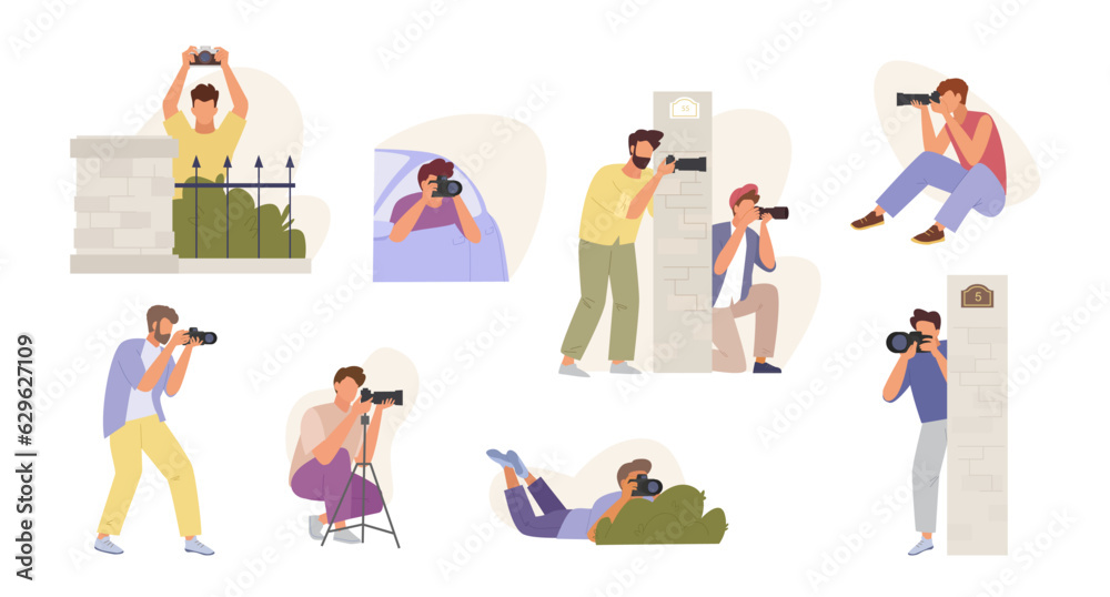 Fototapeta premium Paparazzi photographers shooting celebrities cartoon characters. male paparazzi invisible shooting show business celebrities, photo session. vector cartoon flat characters