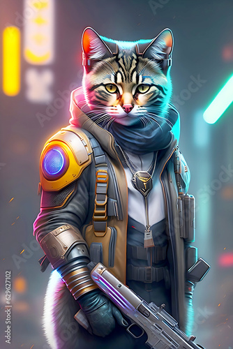 A heroic cat cyberpunk, standing in a alone strait, holding weapons, silent and aggressive mode