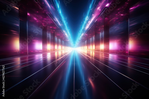 Abstract psychedelic futuristic dark background with dark magenta and blue light waves by Generative AI