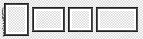 Set of black photo frames. White passe-partout. Square and rectangular pictures. Poster or painting mockup on a transparent background