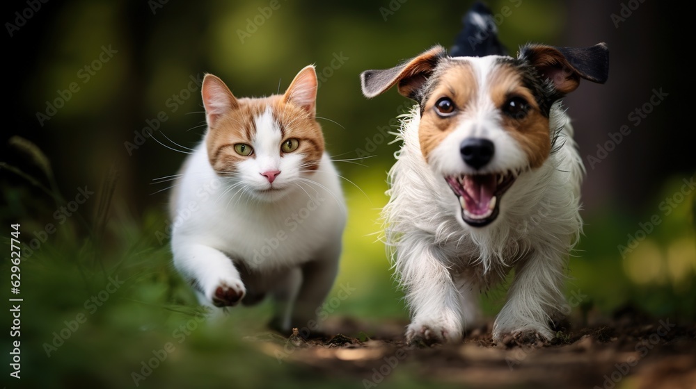 A Professional Shot of a Dog and a Cat staying Together. Animal Photography. A Professional Shot of a Dog and a Cat staying Together. Animal Photography.