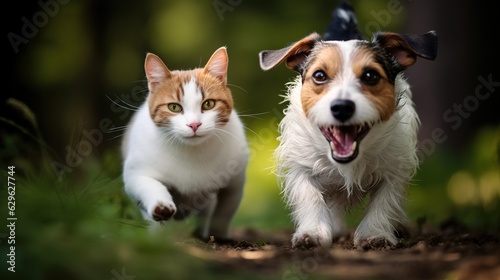 A Professional Shot of a Dog and a Cat staying Together. Animal Photography.