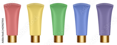 Set of multicolored tubes. 3d mockup. Rainbow palette. Purple, red, green, yellow and blue colors. Hand cream, mask or lotion. Professional shampoo. Gold cap