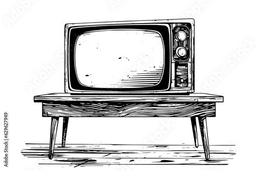 Retro television vector illustration. Engraving style ink sketch.