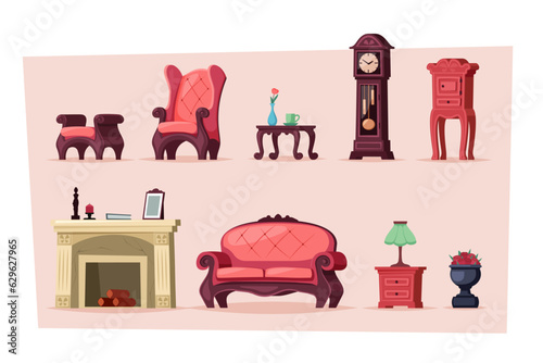 antique wooden old fashioned furniture set. antique wooden desk, chair, bookcase, shelves, sofa, pendulum clock, pendulum clock, sideboard. vector cartoon items set