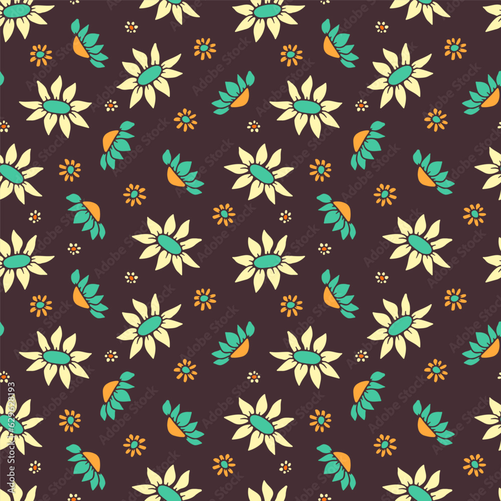 Seamless pattern with retro flowers. 70s style colorful floral background