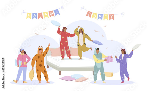 happy people dressed in kigurumi pajama background. cartoon male and feamale characters having fun at pajama party. vector flat cartoon characters background.