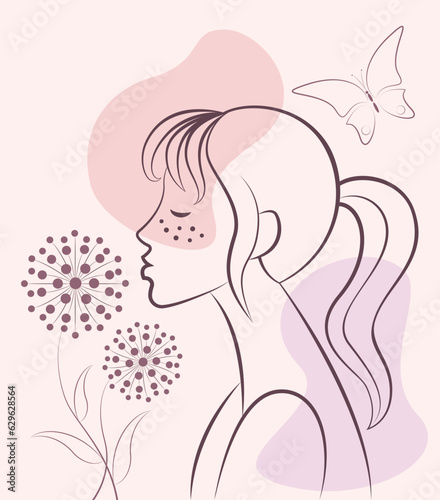 The face of a girl, a young woman with freckles, dandelion flowers and a butterfly. The concept of beauty, skin care, cosmetics, fashion. Vector illustration, line art, simple line drawing on beige.