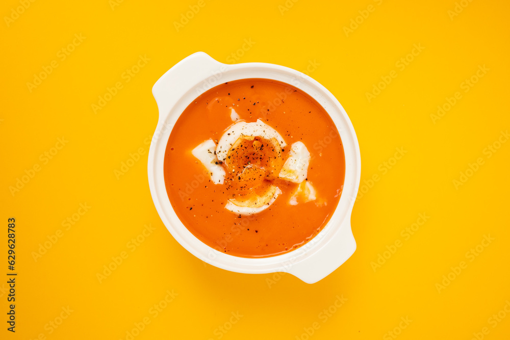 Salmorejo, Spanish cold tomato soup in small bowl Salmorejo, Spanish cold tomato soup in small bowl