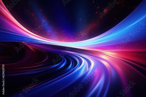 Abstract psychedelic futuristic dark background with dark magenta and blue light waves by Generative AI