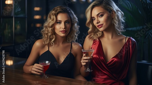 2 Beautiful Girls at the Bar Drinking some Cocktails. Elegant & Sexy Dress.