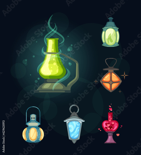 fantasy magical mystic lanterns set. haunt, fairy tailing gaming UI equipment set isolated objects. vector cartoon realistic items.