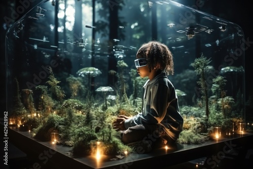 A boy wearing VR headset user, surreal world and virtual reality, natural ambient, forest, nature.
