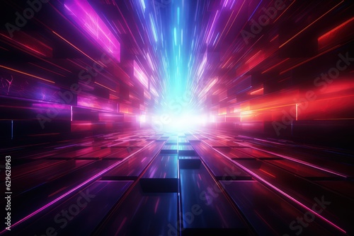 Abstract psychedelic futuristic dark background with dark magenta and blue light waves by Generative AI